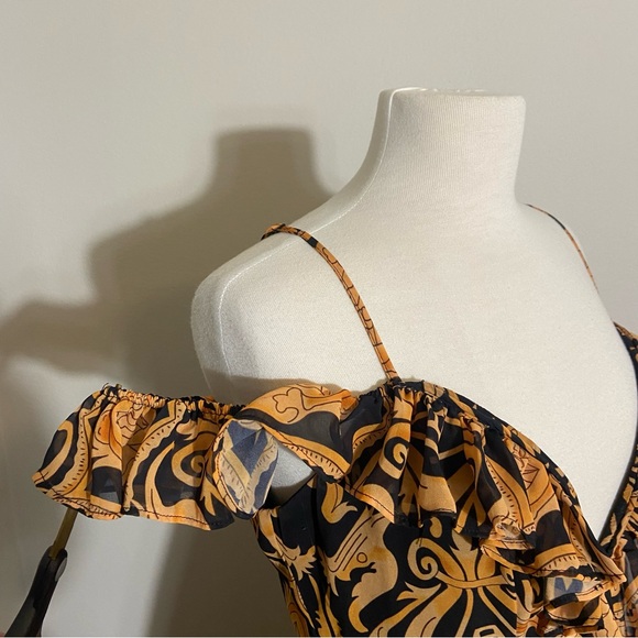 Akira Baroque Gold Black Plunging Neck Ruffled Maxi High Low Dress L Large - Picture 7 of 15